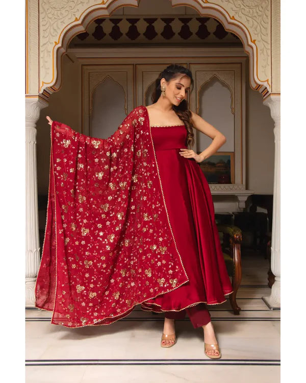 MAROON COLOR PARTY WEAR LOOK ANARKALI WITH BOTTOM AND DUPATTA