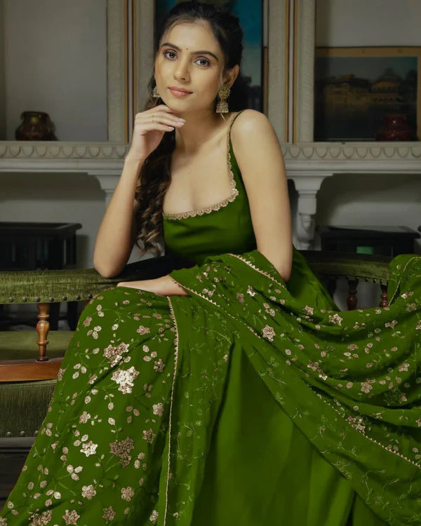 GREEN COLOR PARTY WEAR LOOK ANARKALI WITH BOTTOM AND DUPATTA