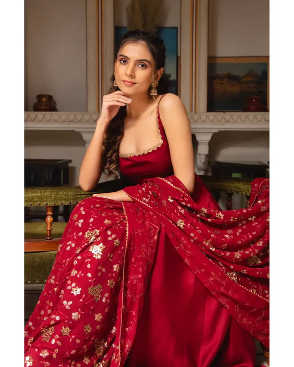 MAROON COLOR PARTY WEAR LOOK ANARKALI WITH BOTTOM AND DUPATTA