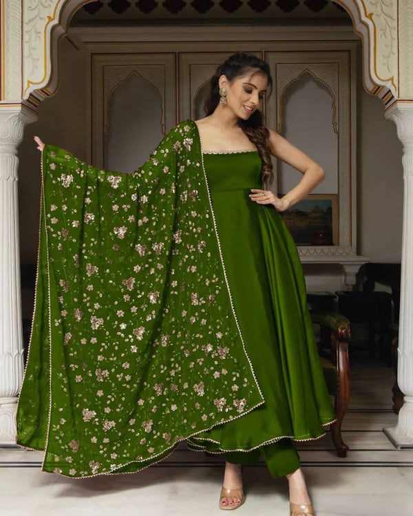 GREEN COLOR PARTY WEAR LOOK ANARKALI WITH BOTTOM AND DUPATTA