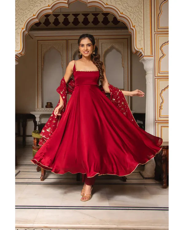 MAROON COLOR PARTY WEAR LOOK ANARKALI WITH BOTTOM AND DUPATTA