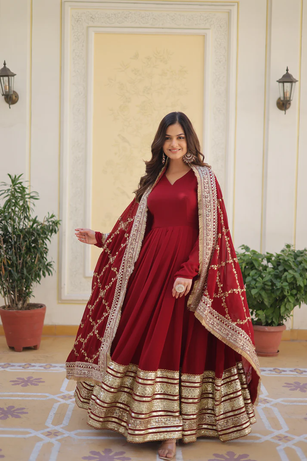 PREMIUM READYMADEFAUX BLOOMING SEQUENCE EMBROIDERED GOWN WITH DUPATTA SET