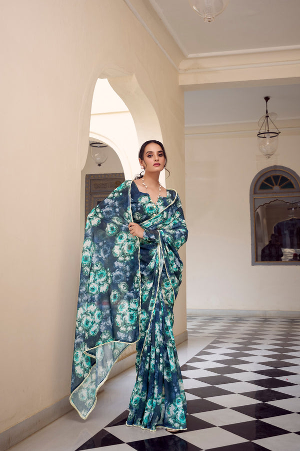 Navy Blue Color Weightless Marble Printed Saree
