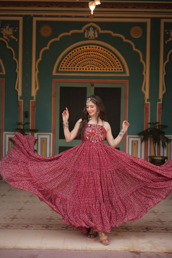 Maroon Color Georgette Bandhej Print Navratri Gown