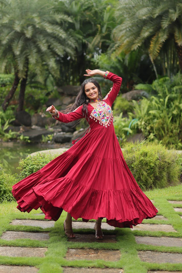Maroon Color Rayon Gamthi Style Navratri Gown