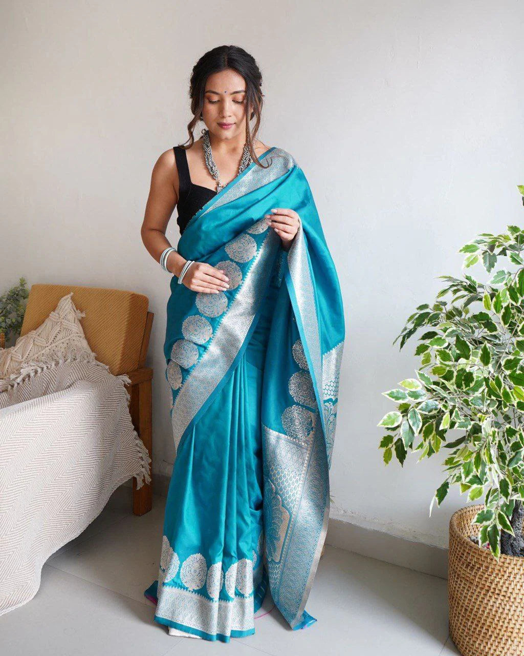 Beautiful Sky Blue Jacquard Silk Saree