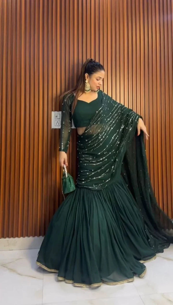 Delightful Green Color Georgette Base Sequence Work Designer Lehenga Saree