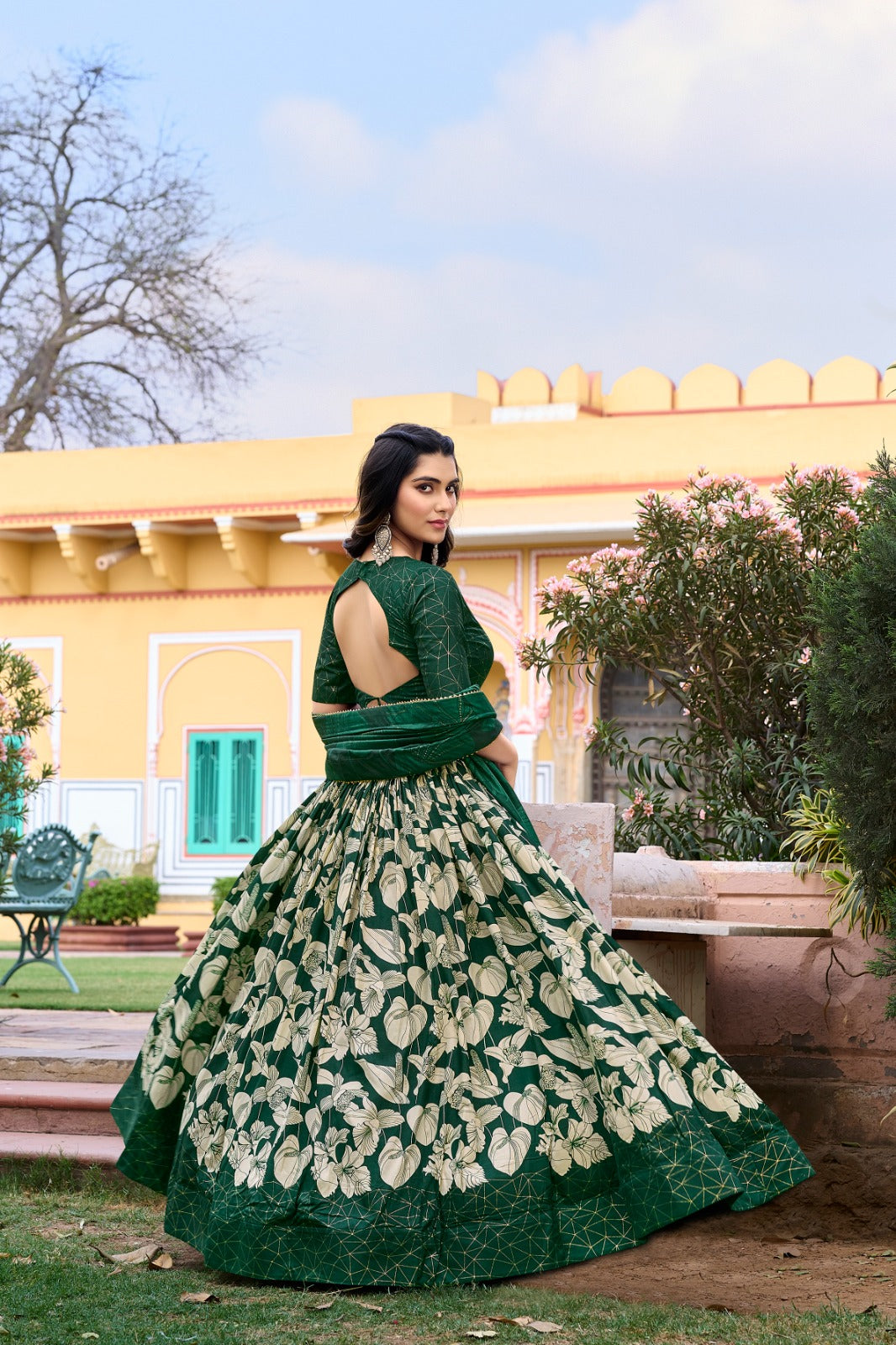 Tussar Silk Printed Lehenga Choli Green Colour with Duppta