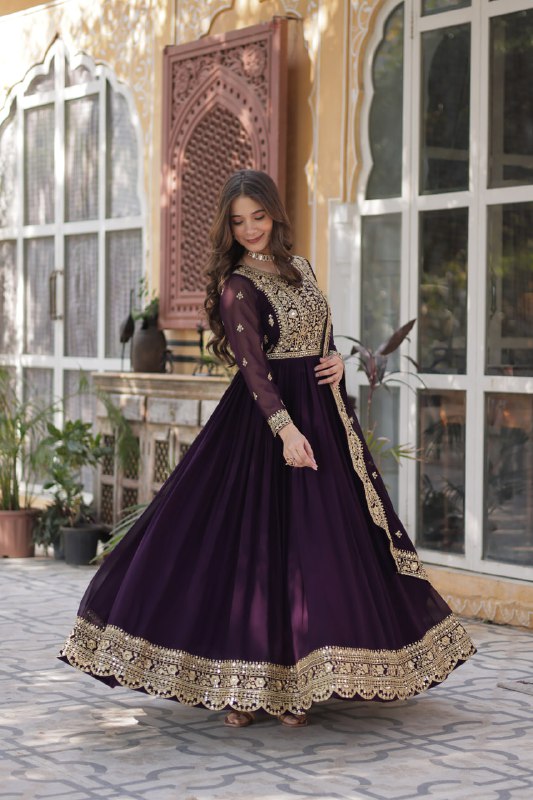 Wine Color Vichitra Silk Embroidered Gown