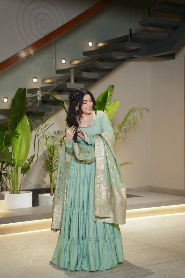Pista Color Pure Chanderi Silk Frill Style Anarkali Suit