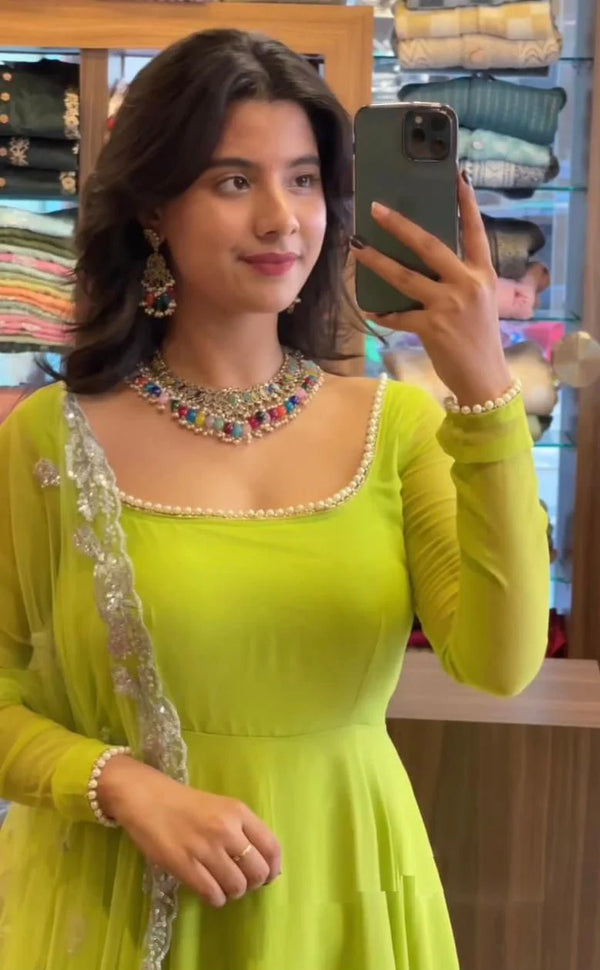 PARROT GREEN GEORGETTE BASE ANARKALI SUIT WITH PLAIN CHURIDAR SET OF 3