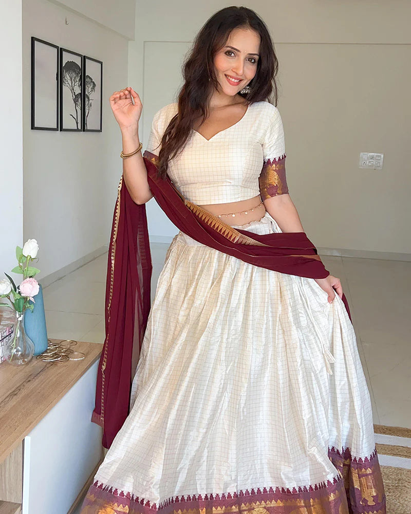 White And Maroon Color Poly Cotton Chex Navratri Lehenga Choli