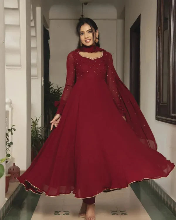 MAROON FAUX GEORGETTE BASE ANARKALI SUIT SET OF – 3