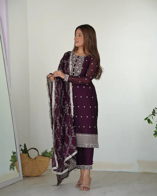 WINE COLOR RANGOLI SILK THREE PIECE KURTI SUIT