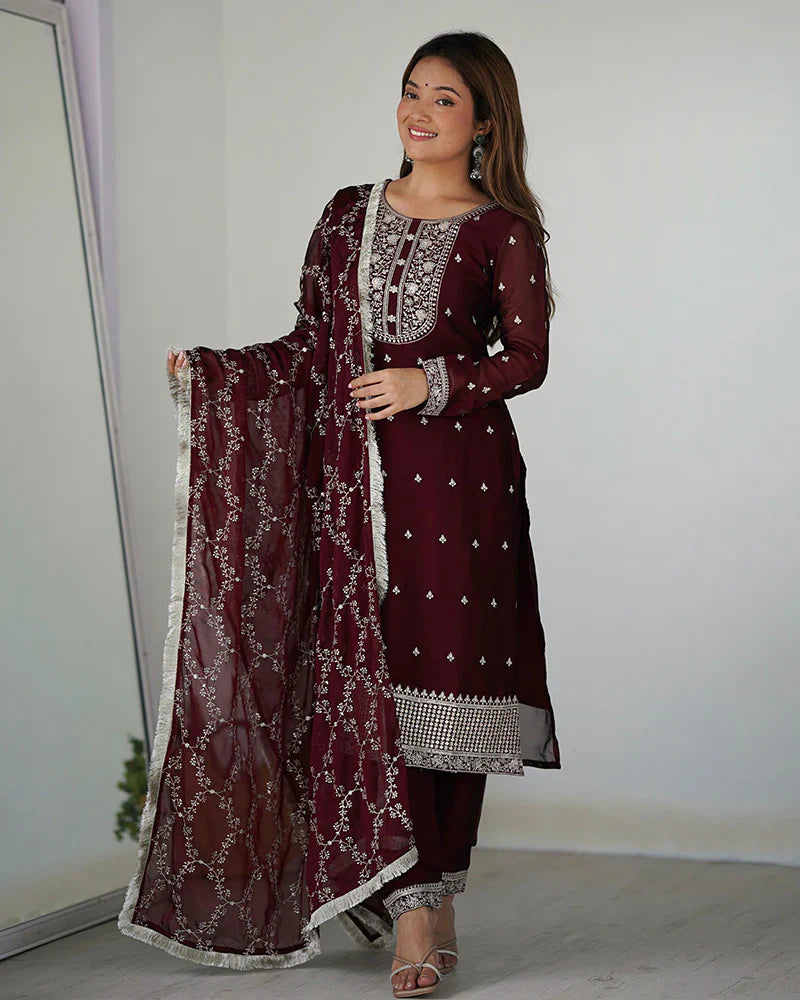 MAROON COLOR RANGOLI SILK THREE PIECE KURTI SUIT