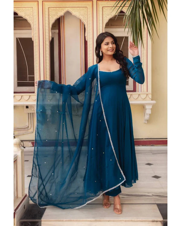 EYE CATCHING REGAL BLUE GEORGETTE BASE ANARKALI SUIT SET OF 3