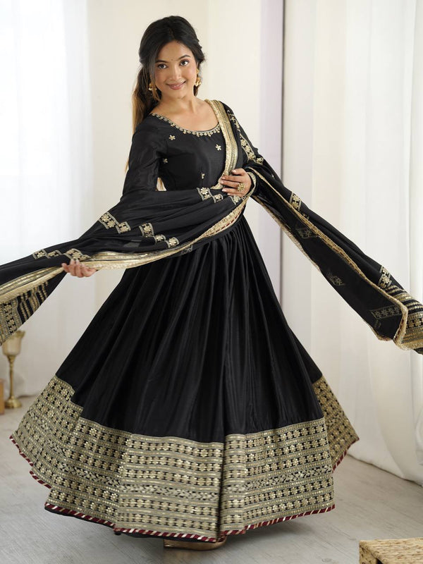 Black Bollywood Style Anarkali Suit with Chinon Silk & Sequin Work