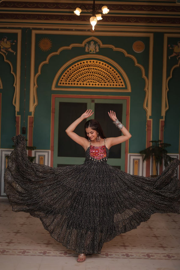 Black Color Georgette Bandhej Print Navratri Gown