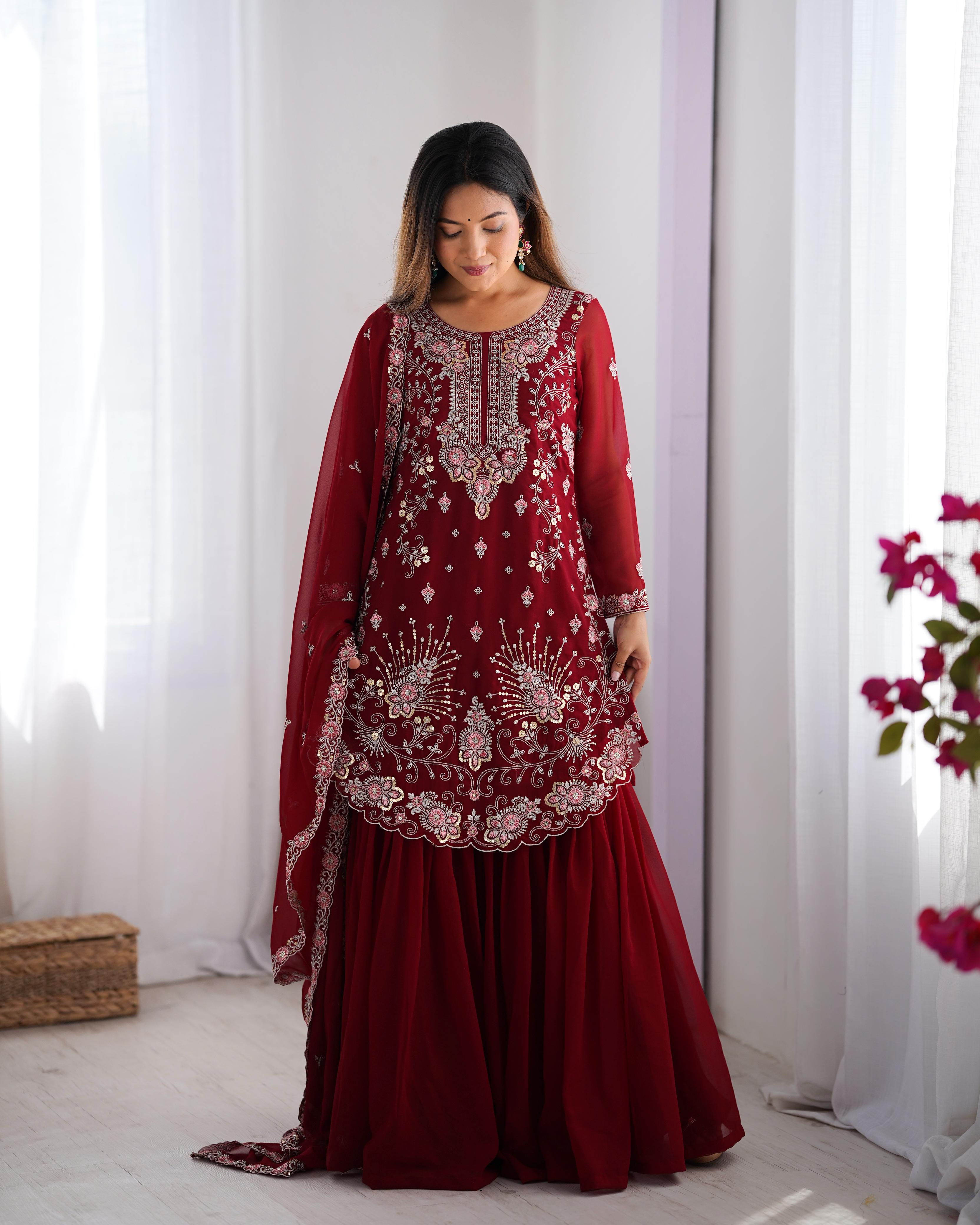 Beautiful Maroon Color Georgette Thred with Sequnce work And  Sharara set