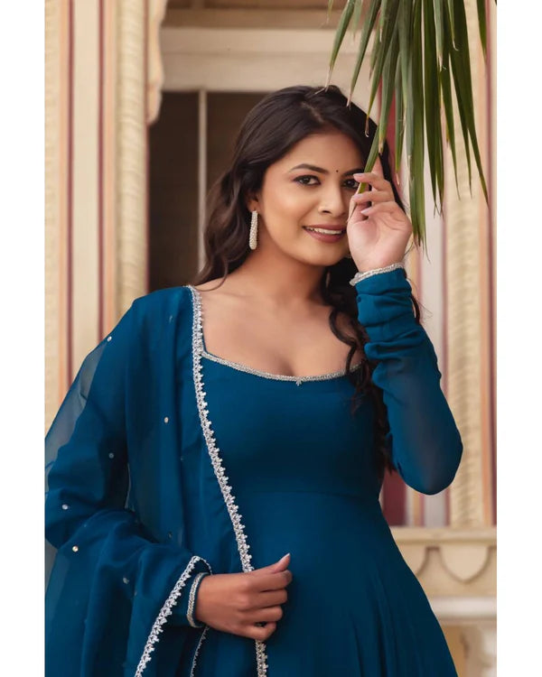 EYE CATCHING REGAL BLUE GEORGETTE BASE ANARKALI SUIT SET OF 3