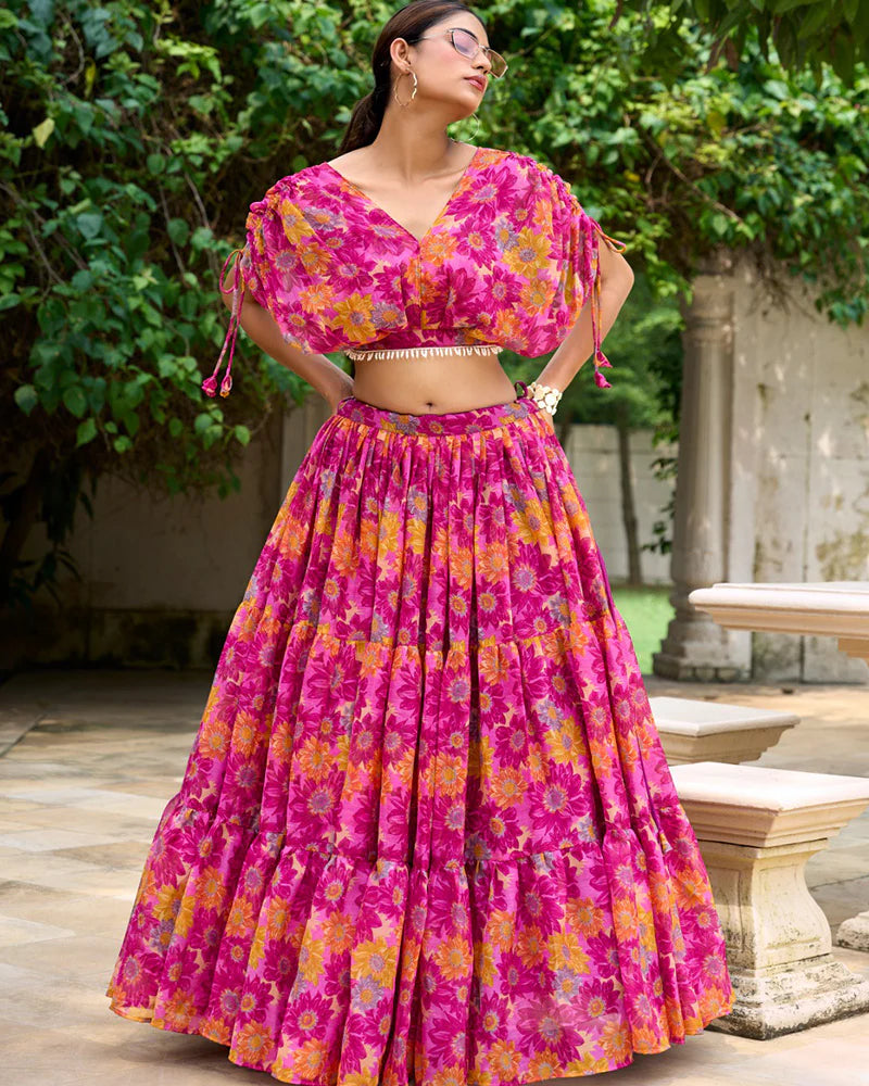 Pink Color Chiffon Printed Crop Top Lehenga Choli