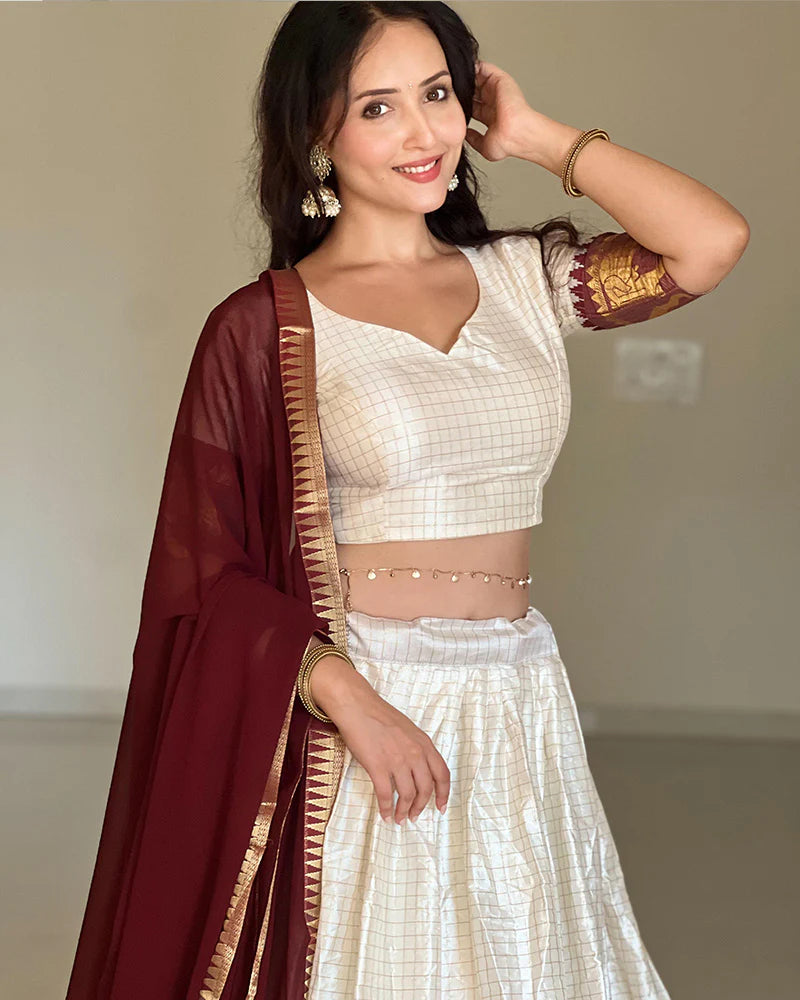 White And Maroon Color Poly Cotton Chex Navratri Lehenga Choli