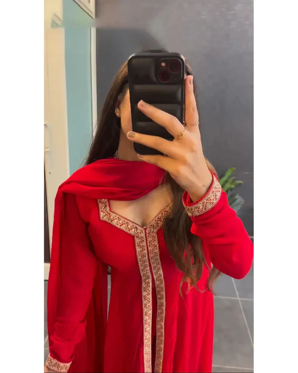 ATTRACTIVE RED DESIGNER GOTHA LACE WORK SALWAR SUIT