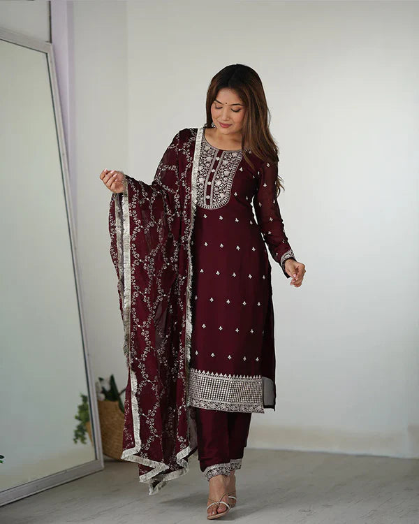 MAROON COLOR RANGOLI SILK THREE PIECE KURTI SUIT