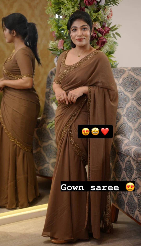 Designer Brown Look Party Wear Gown Saree
