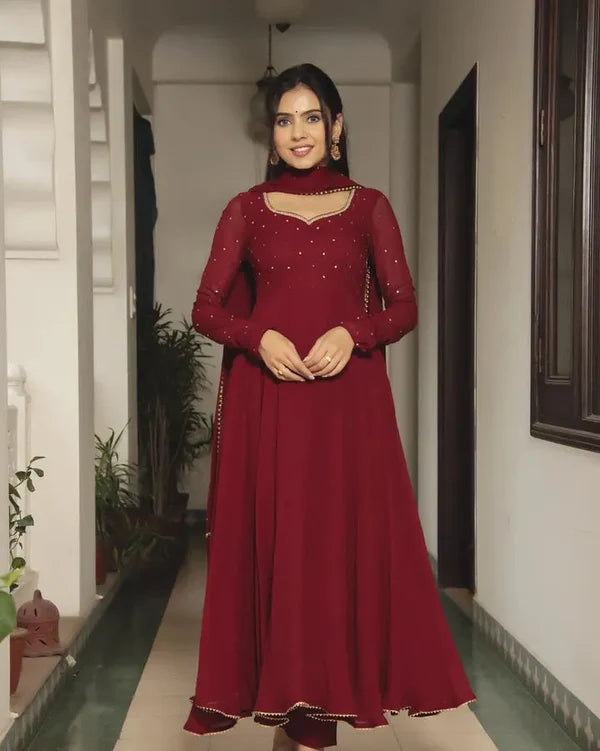 MAROON FAUX GEORGETTE BASE ANARKALI SUIT SET OF – 3