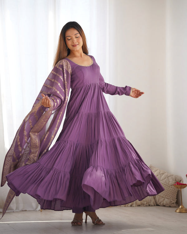 Mauve Purple Color Pure Roman silk Anarkali With Jackquard Dupatta