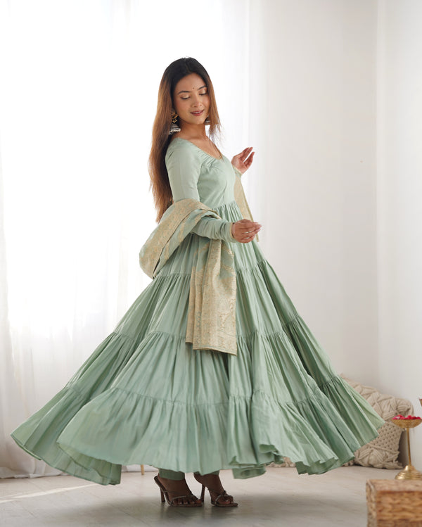 Pista Color Pure Roman silk Anarkali With Jackquard Dupatta