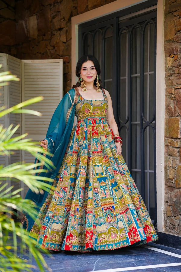 Designer Colorful Crepe Silk Maxi Set with Organza Dupatta
