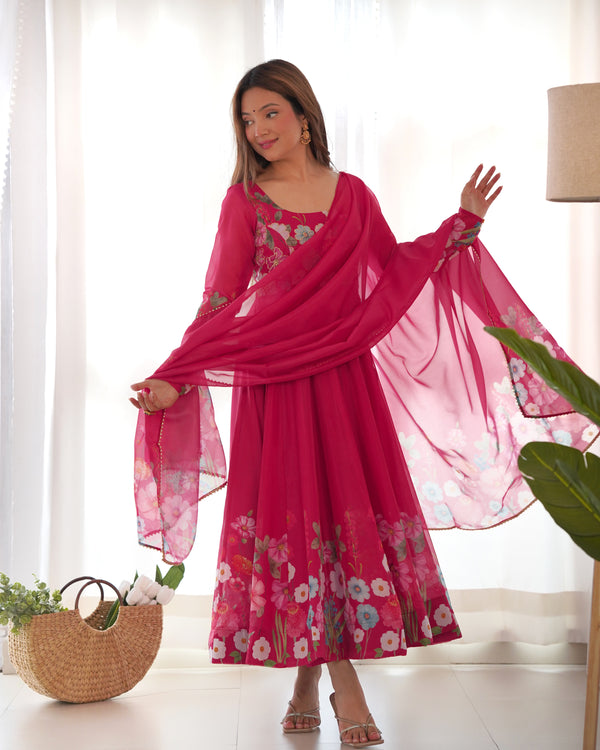 Design Soft Organja SILK Floral Pink Color Three Piece Anarkali Suit
