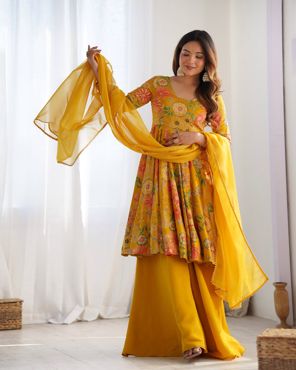 MUSTARD COLOR ROMAN SILK BASE PRINTED PLAZZO SUIT SET OF 3