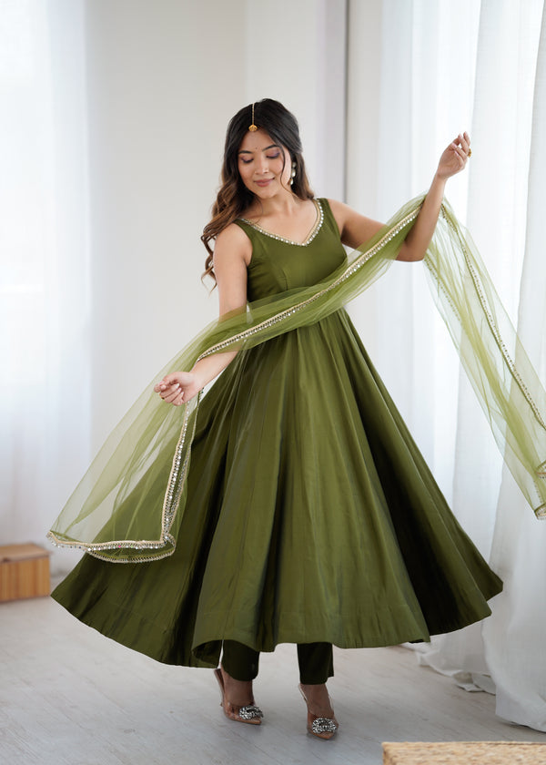 Mahendi Color Chanderi Pure Roman Silk Anarkali Suit