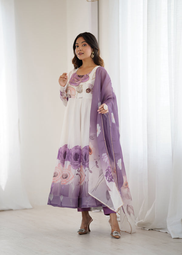 Brinjal Color Organza Silk Anarkali Suit with Dupatta