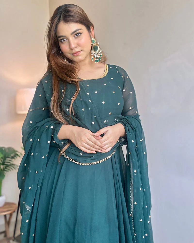 Green Color Georgette Anarkali Three Piece Suit