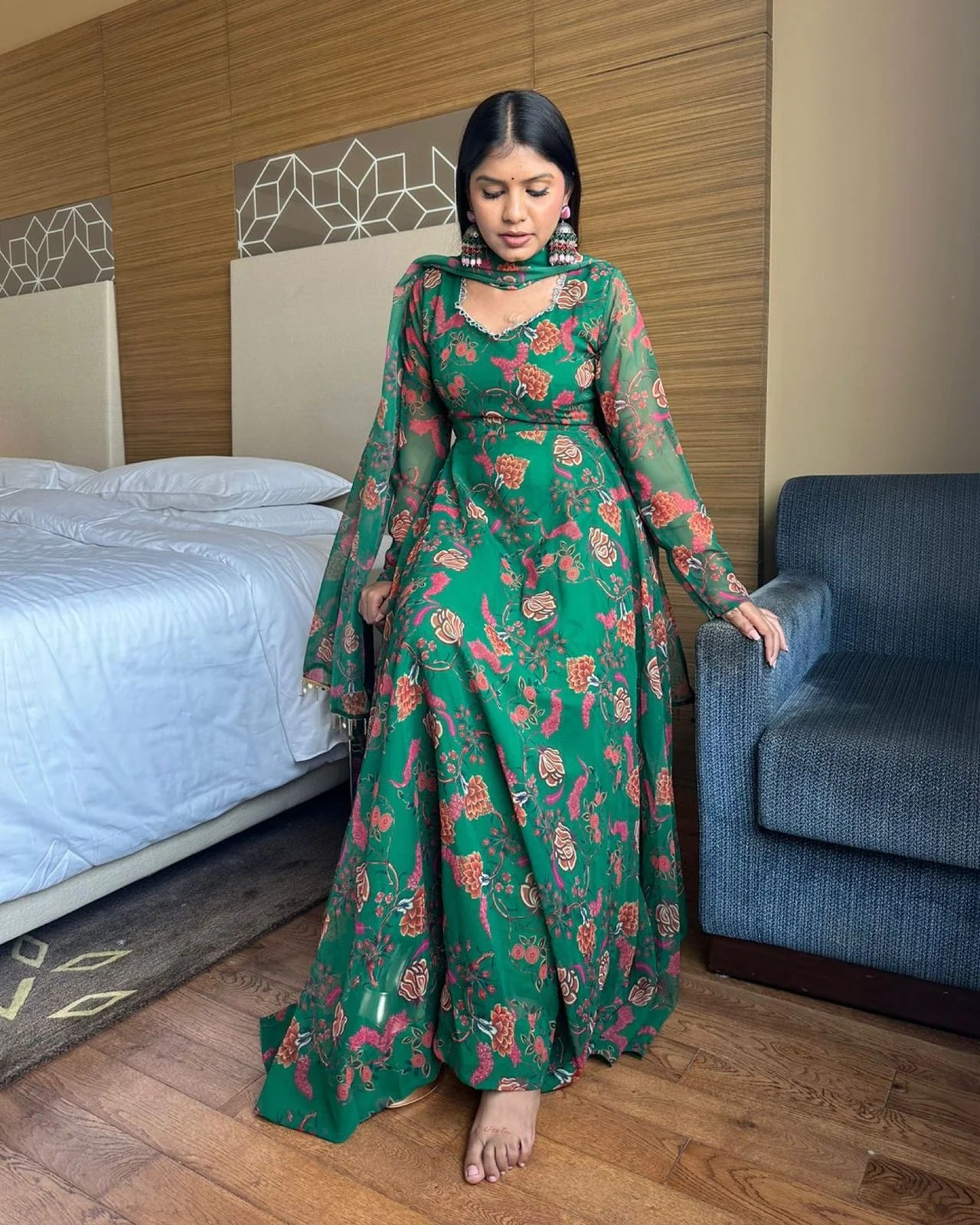 Green Colour Printe Floor Length Two Piece Anarkali Suit