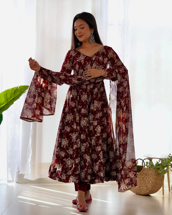 Maroon Color Georgette Three Piece Anarkali Suit