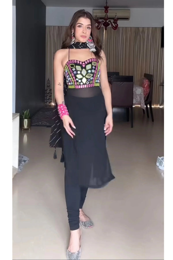 Black Colour Real Mirror Navratri Kurti 3 pic Set