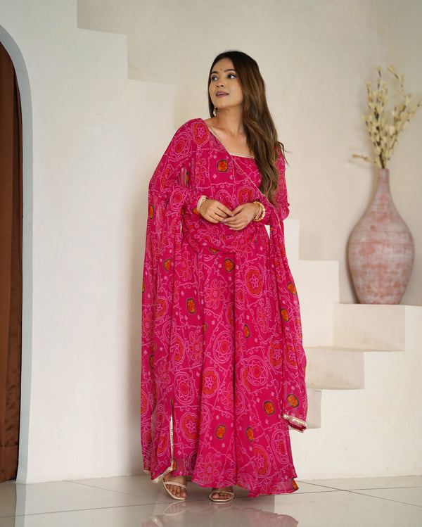 Pure Soft Light Weight Chiffon Pink Bandhej Anarkali suit