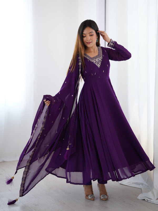 Purple Color Georgette Embroidered Three Piece Anarkali Suit