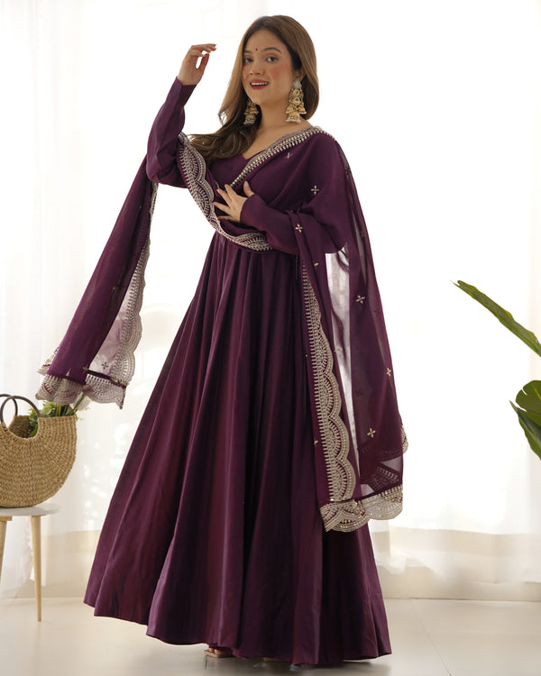 Beautiful Wine Color Pure Chanderi Silk Three Piece Anarkali Suit