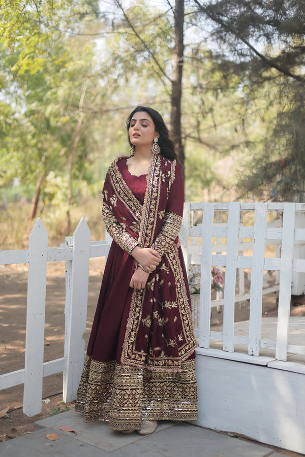 DARK MAROON HEAVY SEQUINS EMBROIDERY WORK GOWN WITH DUPATTA