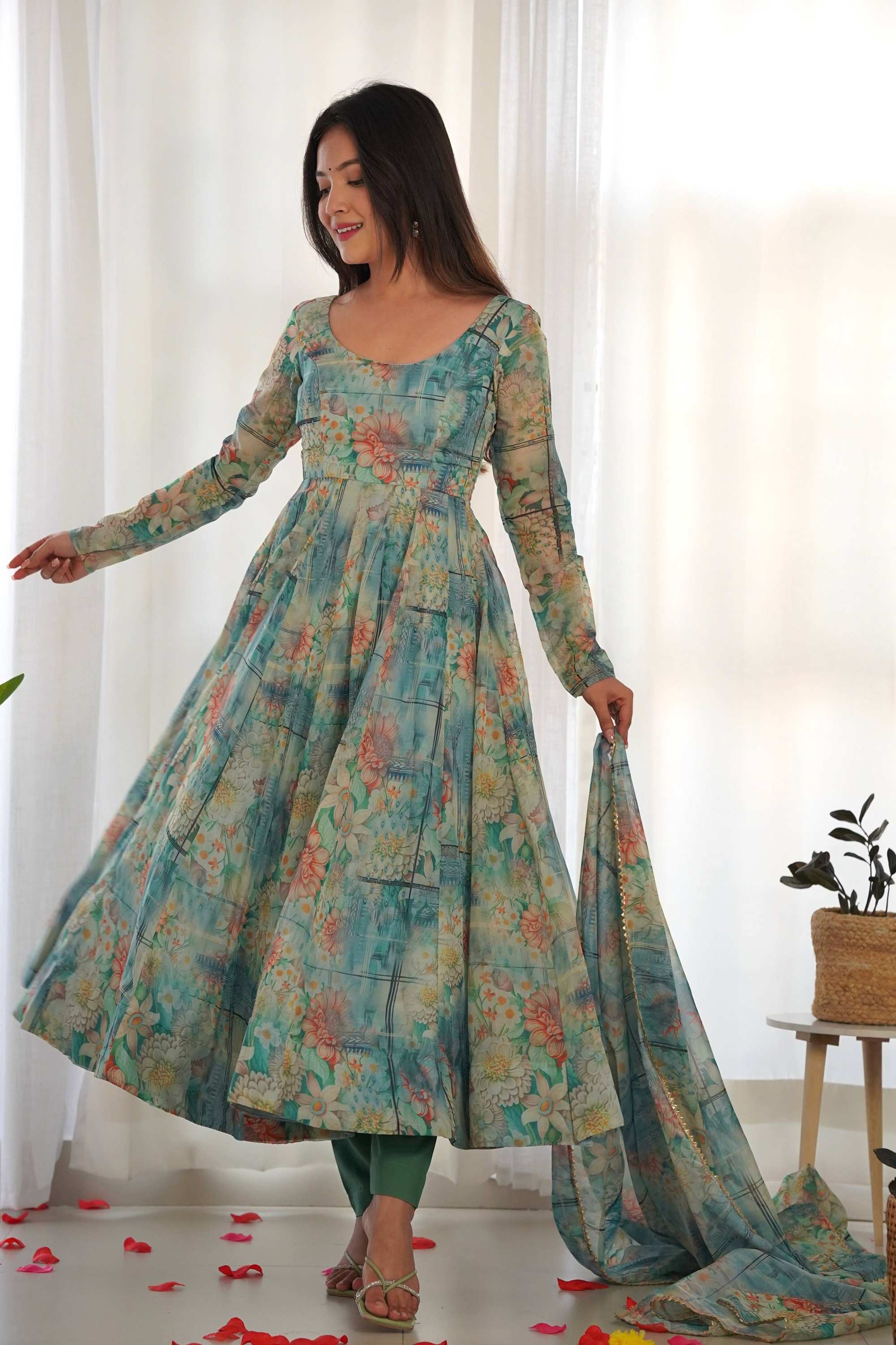 Green Floral Organza Anarkali Suit Set