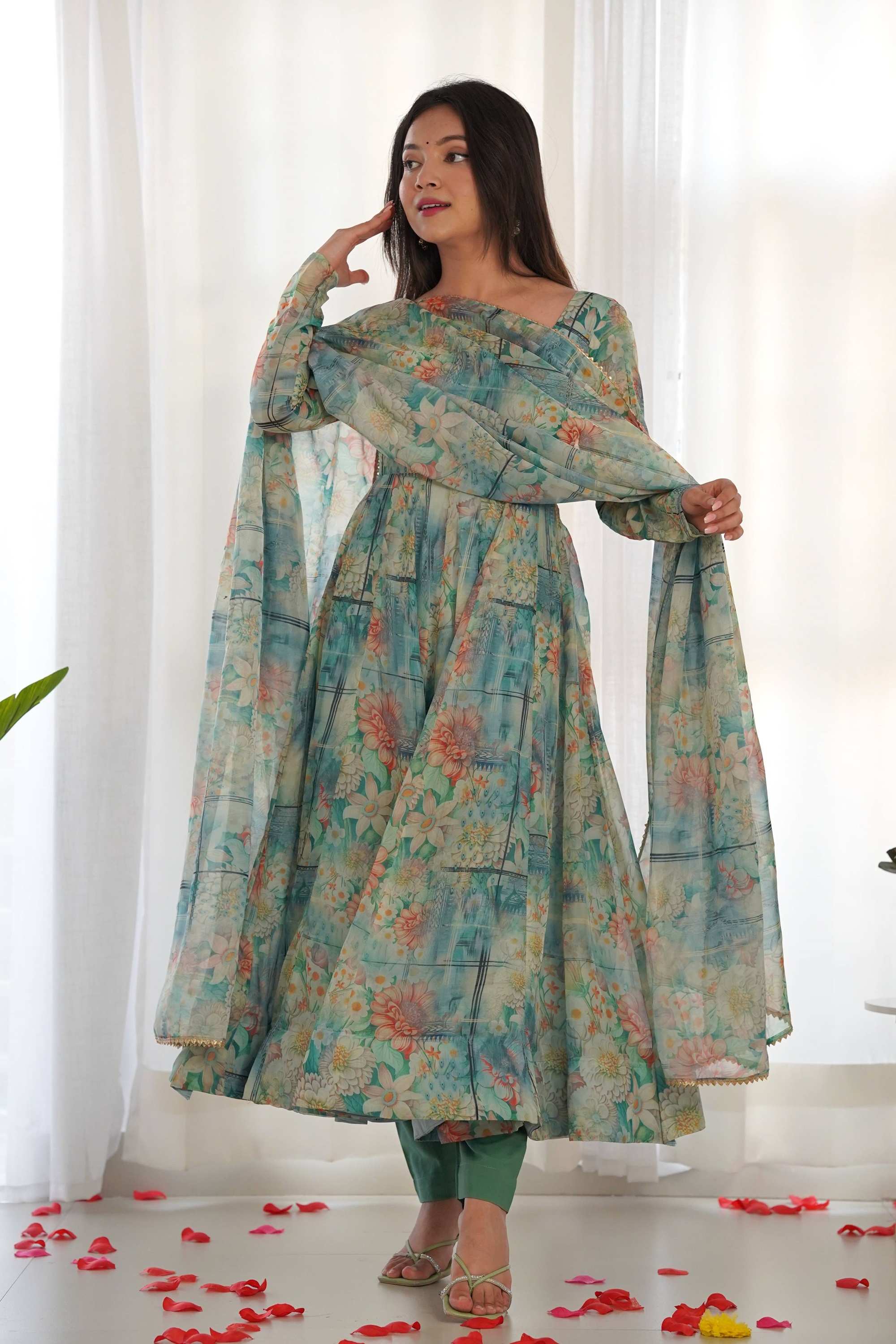 Green Floral Organza Anarkali Suit Set