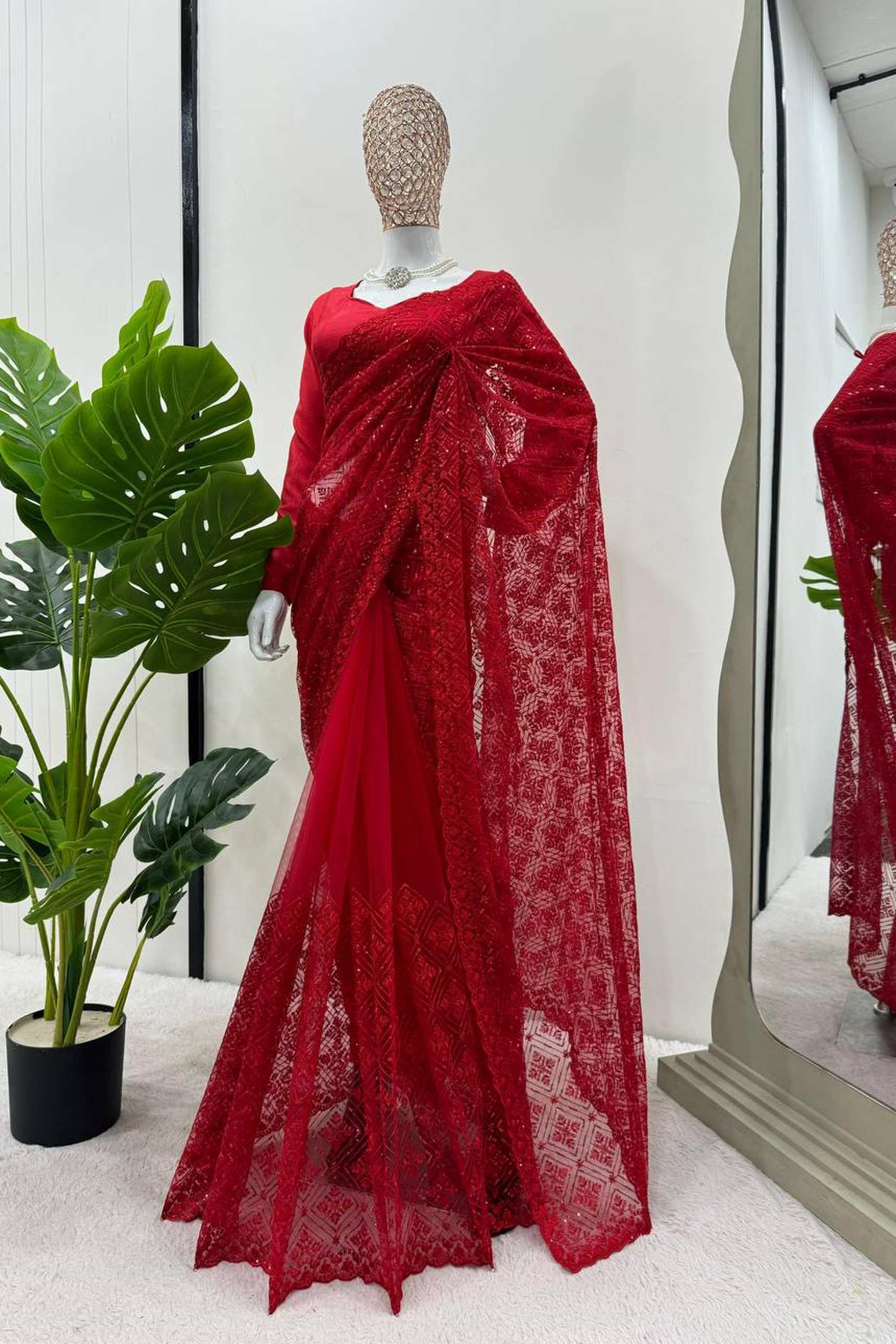 Red Color Thread & Sequence Work Soft Net Fabric Base Saree with Blouse