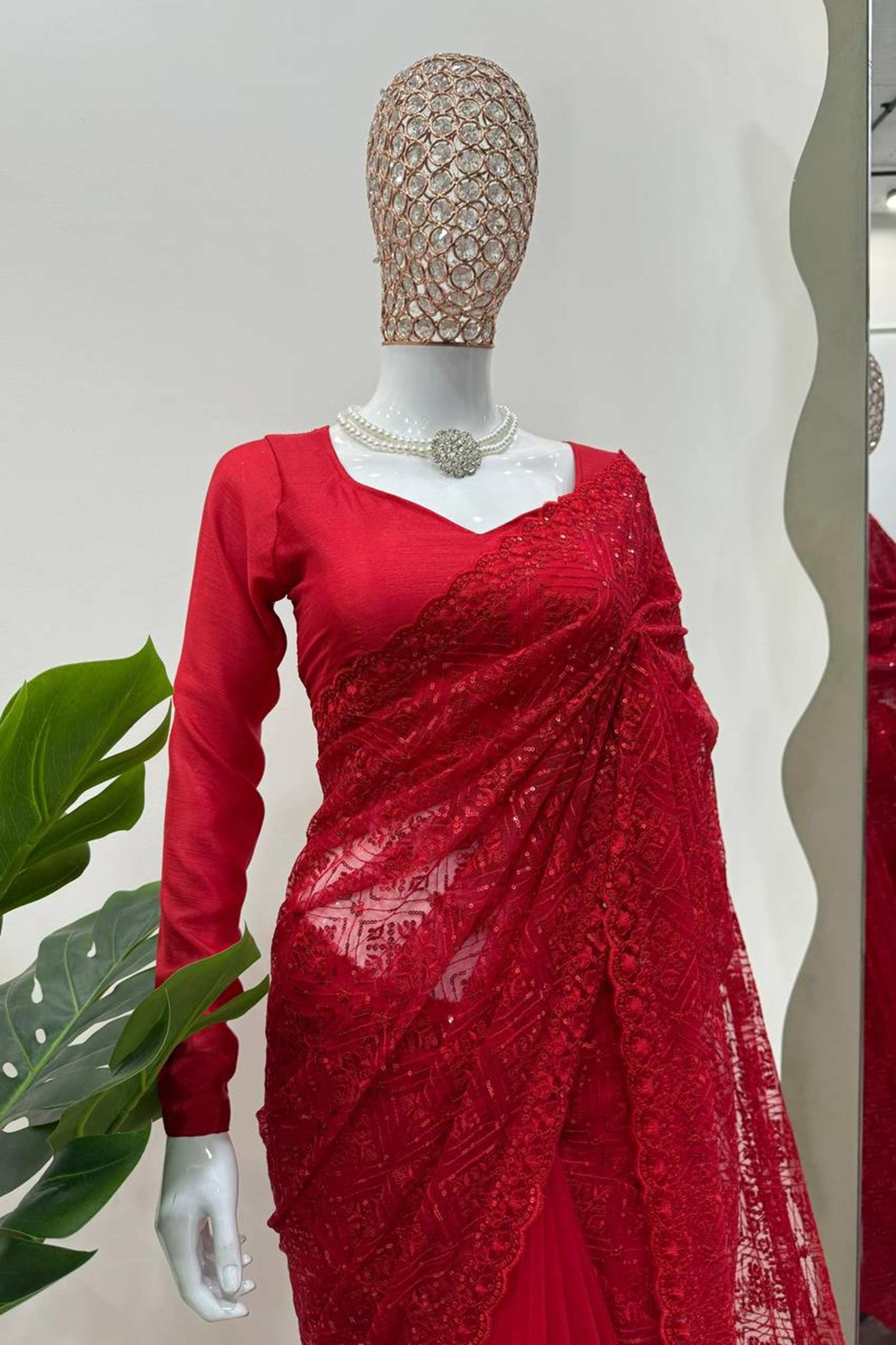 Red Color Thread & Sequence Work Soft Net Fabric Base Saree with Blouse