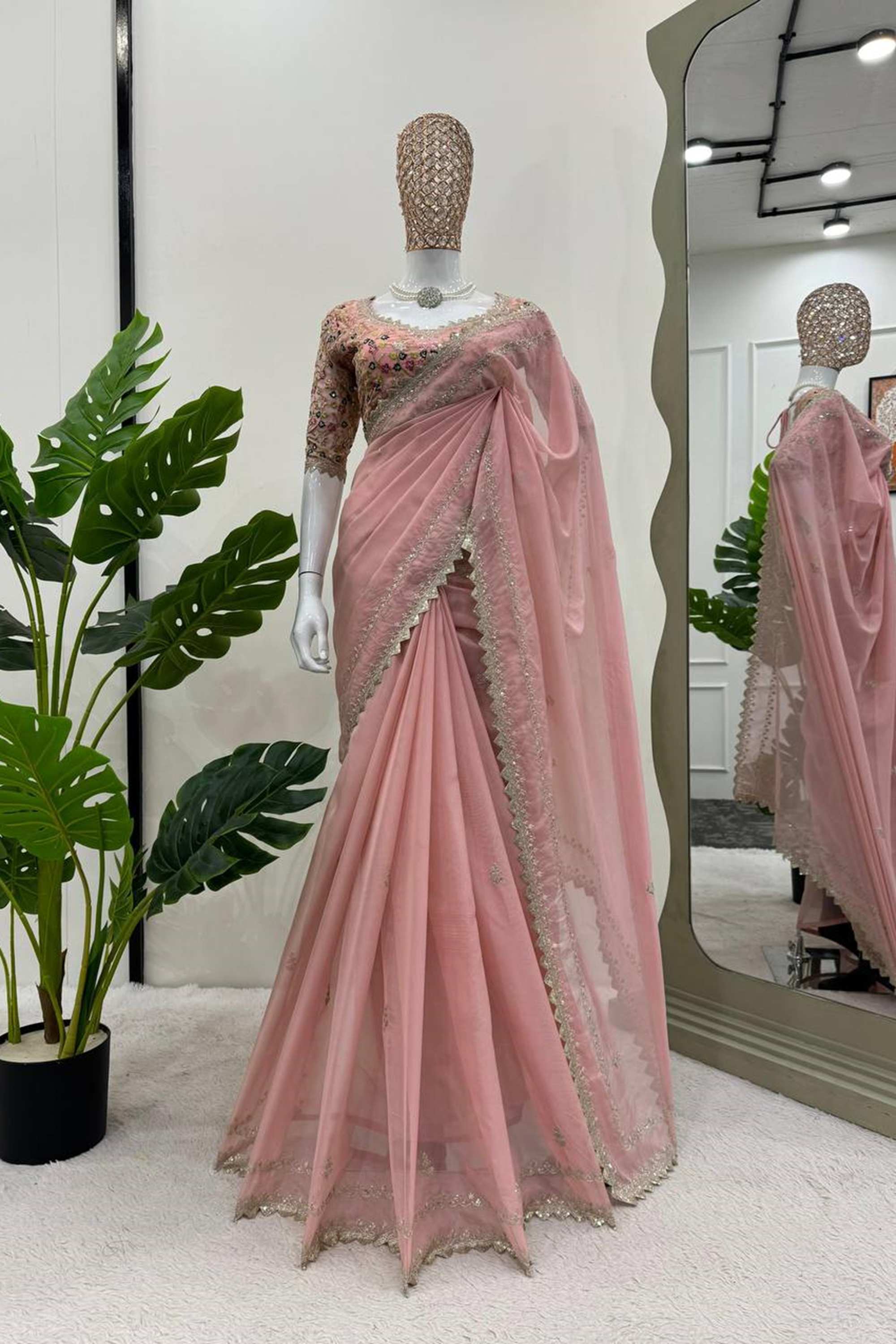 Pink Color Beautiful Designer Saree on Tibby Silk Fabric